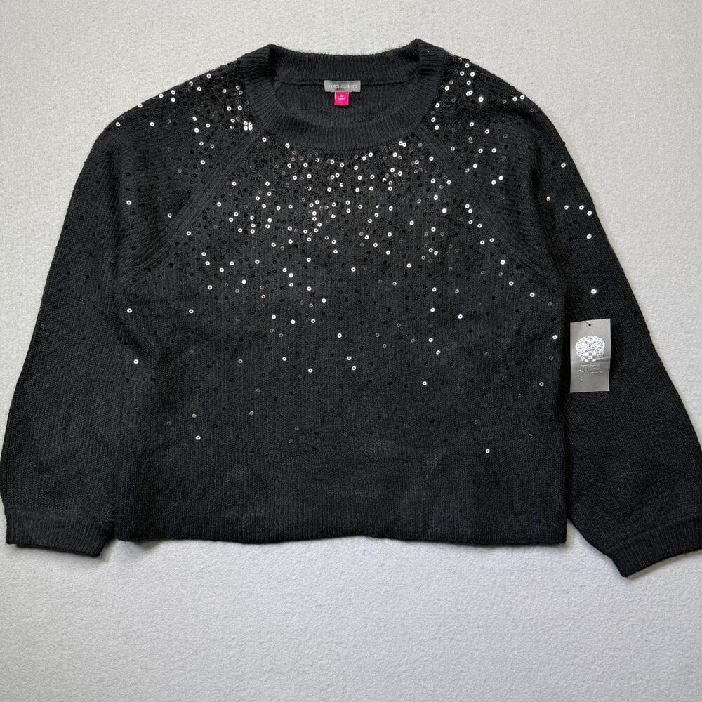 Vince Camuto Women's Crewneck Sequined Raglan-Sleeve Sweater Rich Black M $69